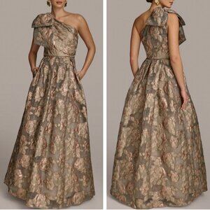 Donna Karan NY One Shoulder Bow Floral Ball Gown Snow Petal Multi Gold